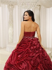 Pretty Wine Red Rolled Flowers Quinceanera Dress Puffy For Evening