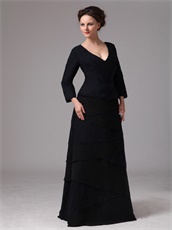 Black Chiffon And Lace Crossed Layers Mother Bride Dress 3/4 Length Sleeves