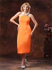 Orange Satin Tea-length Mother Of The Bride Dress Halter Cross Back