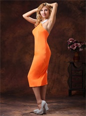 Orange Satin Tea-length Mother Of The Bride Dress Halter Cross Back