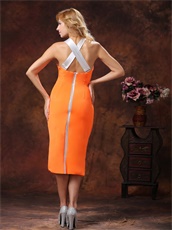 Orange Satin Tea-length Mother Of The Bride Dress Halter Cross Back