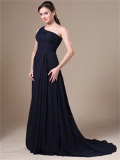 Navy Blue One Shoulder Brush Train Wedding Party Dress For Mother Conservative