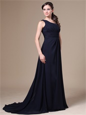 Navy Blue One Shoulder Brush Train Wedding Party Dress For Mother Conservative