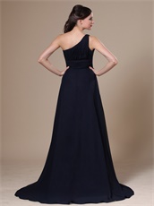 Navy Blue One Shoulder Brush Train Wedding Party Dress For Mother Conservative