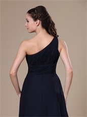 Navy Blue One Shoulder Brush Train Wedding Party Dress For Mother Conservative