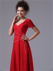 Red V-Neck Ankle-length Alternate Beads Mother of the Bride Dress Most Choice