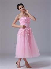 Summer Handmade Flowers Tea Length Cute Pink Homecoming Dress Attractive