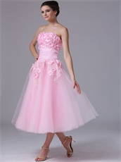 Summer Handmade Flowers Tea Length Cute Pink Homecoming Dress Attractive