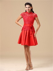 Conservative High-neck Red Lace Annual Dinner Dress Special Price