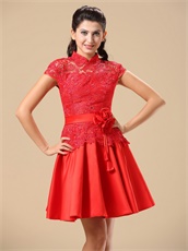 Conservative High-neck Red Lace Annual Dinner Dress Special Price