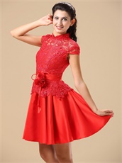 Conservative High-neck Red Lace Annual Dinner Dress Special Price