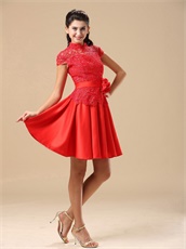 Conservative High-neck Red Lace Annual Dinner Dress Special Price