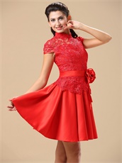 Conservative High-neck Red Lace Annual Dinner Dress Special Price