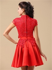 Conservative High-neck Red Lace Annual Dinner Dress Special Price