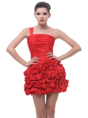 One Shoulder Hand Made Flowers Ruched Mini-length Red Homecoming Dress