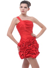 One Shoulder Hand Made Flowers Ruched Mini-length Red Homecoming Dress