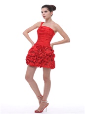 One Shoulder Hand Made Flowers Ruched Mini-length Red Homecoming Dress