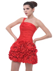 One Shoulder Hand Made Flowers Ruched Mini-length Red Homecoming Dress