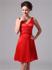 Flattering V-neck Knee-length Red Satin Bridesmaid Dress New Arrival