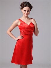 Flattering V-neck Knee-length Red Satin Bridesmaid Dress New Arrival