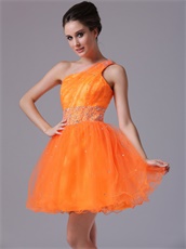 One Shoulder Flashy Orange Mini-length High School Prom Dress Warm Tone