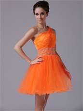 One Shoulder Flashy Orange Mini-length High School Prom Dress Warm Tone