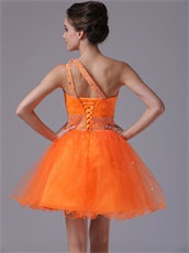 One Shoulder Flashy Orange Mini-length High School Prom Dress Warm Tone