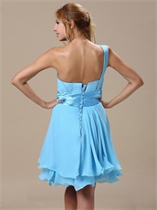 One Shoulder Knee-length Aqua Blue Graduation Dress Under 80 Dollar