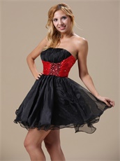 Hot Sell Black Organza Skirt With Red Belt Cocktail Short Dress Inexpensive