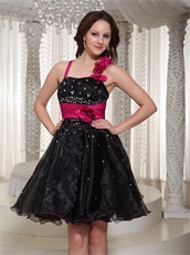 Fuchsia Floral Single Strap Short Black Skirt Prom Dress Cross Back