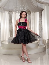 Fuchsia Floral Single Strap Short Black Skirt Prom Dress Cross Back