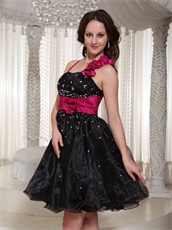 Fuchsia Floral Single Strap Short Black Skirt Prom Dress Cross Back