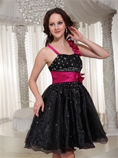 Fuchsia Floral Single Strap Short Black Skirt Prom Dress Cross Back