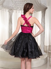 Fuchsia Floral Single Strap Short Black Skirt Prom Dress Cross Back