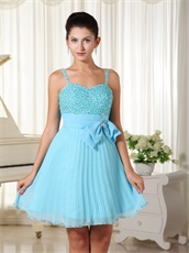 Spaghetti Straps BodyU Fully Crystals Aqua Blue Draped Prom Dress With Bowknot