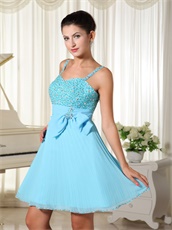 Spaghetti Straps BodyU Fully Crystals Aqua Blue Draped Prom Dress With Bowknot