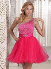One Shoulder Fully Beading Multilayer Hot Pink Tulle Short Prom Dresses
