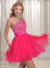 One Shoulder Fully Beading Multilayer Hot Pink Tulle Short Prom Dresses