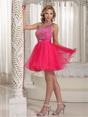 One Shoulder Fully Beading Multilayer Hot Pink Tulle Short Prom Dresses