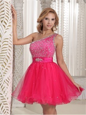 One Shoulder Fully Beading Multilayer Hot Pink Tulle Short Prom Dresses