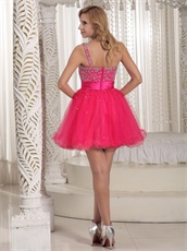 One Shoulder Fully Beading Multilayer Hot Pink Tulle Short Prom Dresses