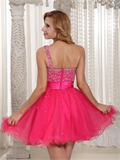 One Shoulder Fully Beading Multilayer Hot Pink Tulle Short Prom Dresses