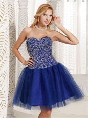 Fully Silver Beading Knee Length Evening Dress Royal Blue