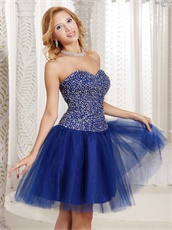 Fully Silver Beading Knee Length Evening Dress Royal Blue