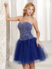 Fully Silver Beading Knee Length Evening Dress Royal Blue