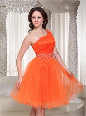 Discount One Shoulder Brightly Orange Girlish Prom Dress Commencement Wear