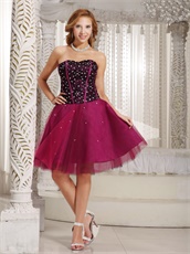 Black Lace With Crystals Magenta Tulle Short Prom Dresses Inexpensive
