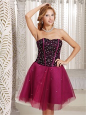 Black Lace With Crystals Magenta Tulle Short Prom Dresses Inexpensive