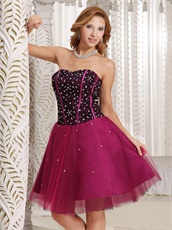 Black Lace With Crystals Magenta Tulle Short Prom Dresses Inexpensive