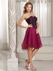 Black Lace With Crystals Magenta Tulle Short Prom Dresses Inexpensive